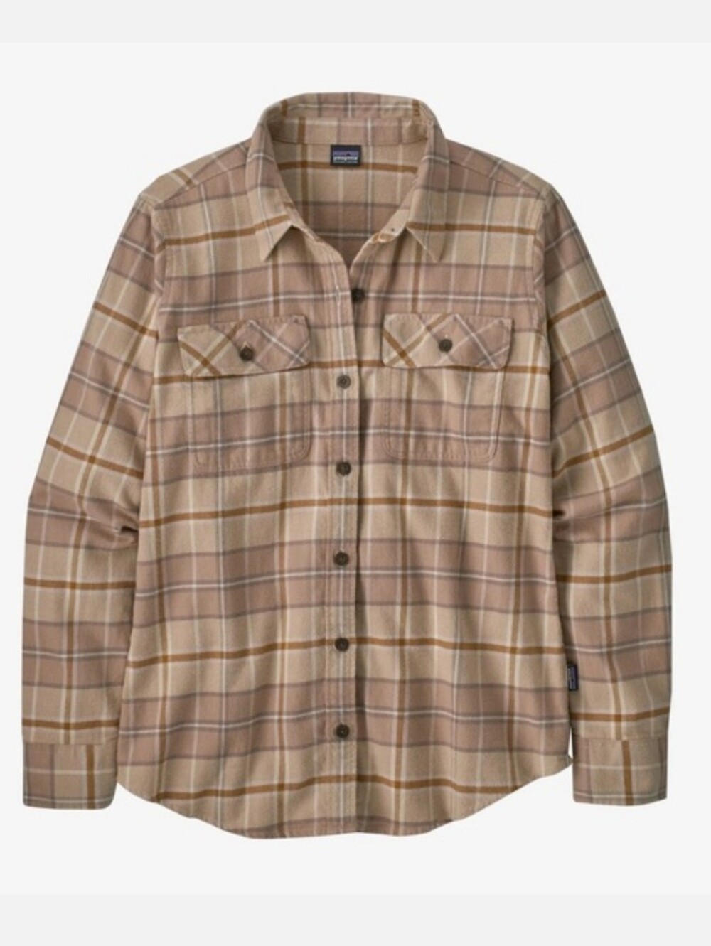 Womens Patagonia Plaid Button-Up Shirt in Soft Pink/Beige and Tan